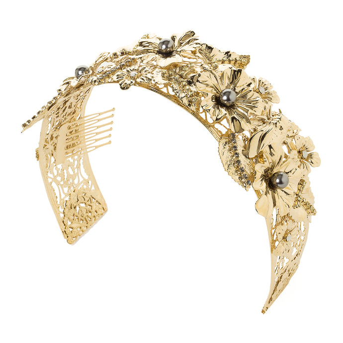 vittorio ceccoli jewelry design leaves and cicada hair accessory with pearls jewel gold silver